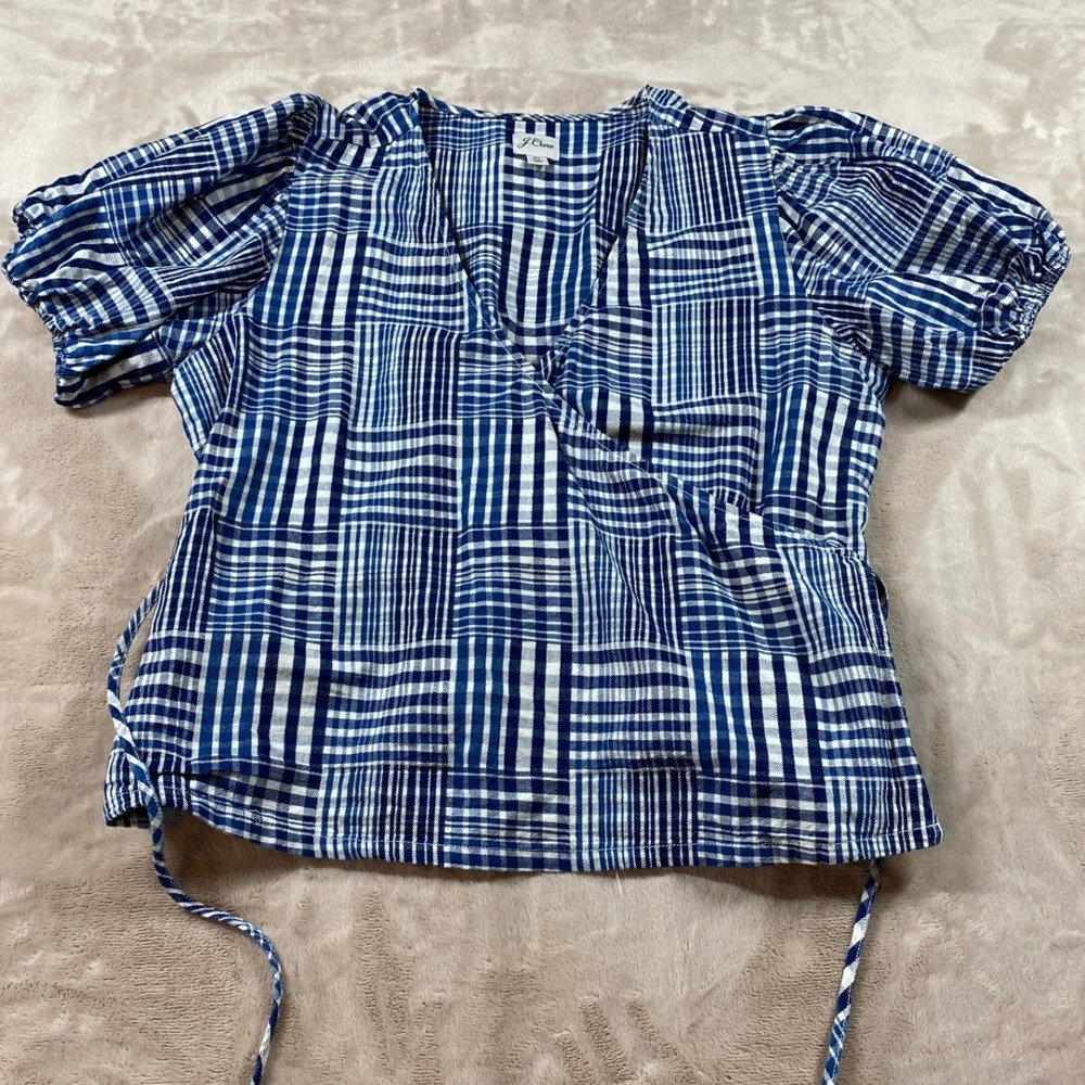 JCrew Womens Mixed Gingham Puff Sleeve Wrap Top Indigo Patchwork Blouse XL